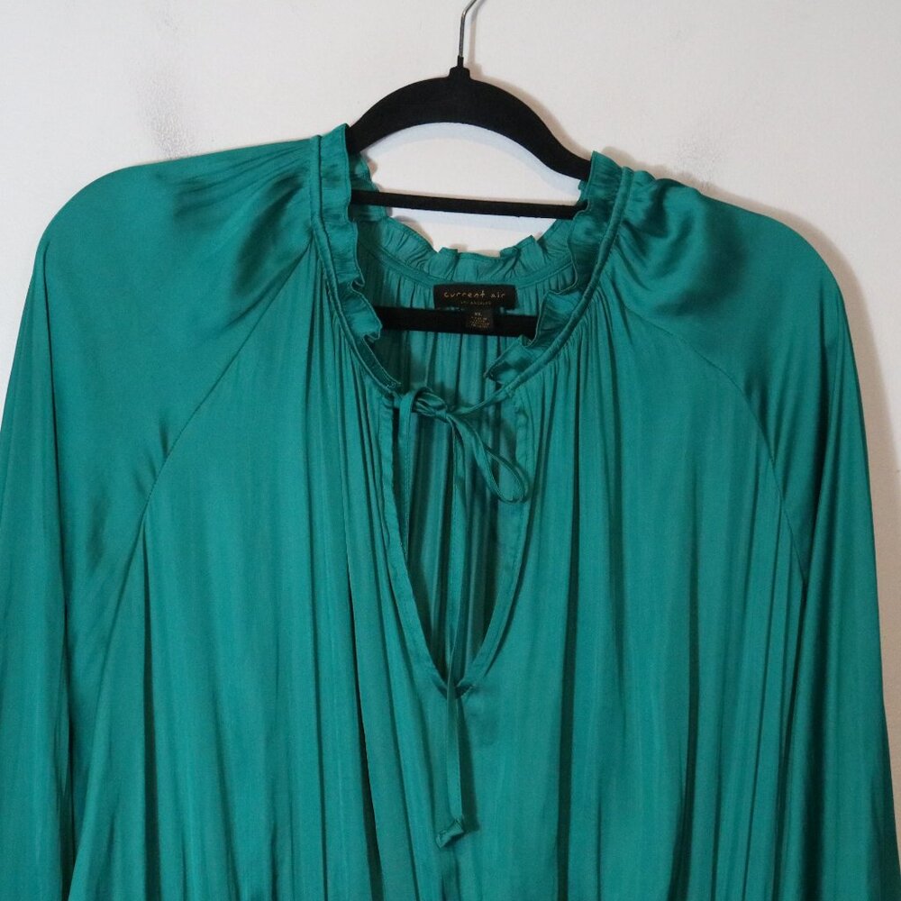 Current Air Anthropologie Pleated Tiered Drop Waist Satin Mini Dress XL Teal - Picture 3 of 8